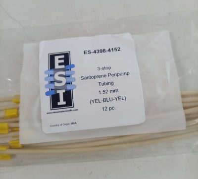 Tubos de Santoprene para bomba peristáltica (3 topes, diámetro interior de 1,52 mm), distancia entre topes de 72 mm (amarillo/azul/amarillo), paquete de 12 (INC IGV)