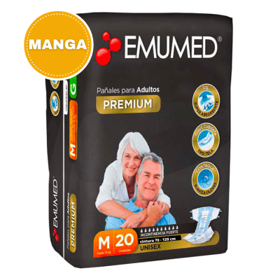 Manga 4 paquetes Pañal Premium Adulto Talla M 20 un + 1 Sabanilla de Regalo.  Emumed Pañal