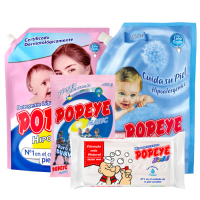 Pack Popeye 1 Detergente Hipoalergénico 3lt + 1 Detergente En Polvo Matic 400gr + 1 Suavizante Hipoalergénico 1lt + Jabón En Barra Bebé 170gr. 