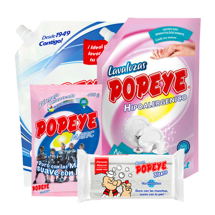 Pack Popeye 1 Jabón Líquido para Ropa 1lt + 1 Lavalozas Hipoalergénico1lt + 1 Detergente En ...