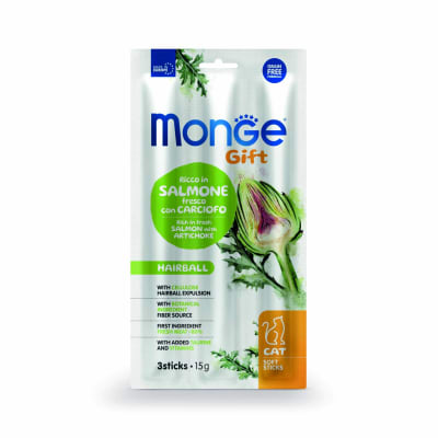 MONGE GIFT SOFT STICKS HAIRBALL CAT SALMON Y ALCACHOFA