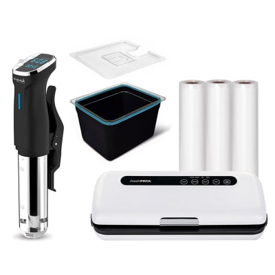 Pack Sous Vide Sv15, Contenedor 11lts Con Funda + Tapa, Selladora Sv100 + 3 Rollos 22x5m1