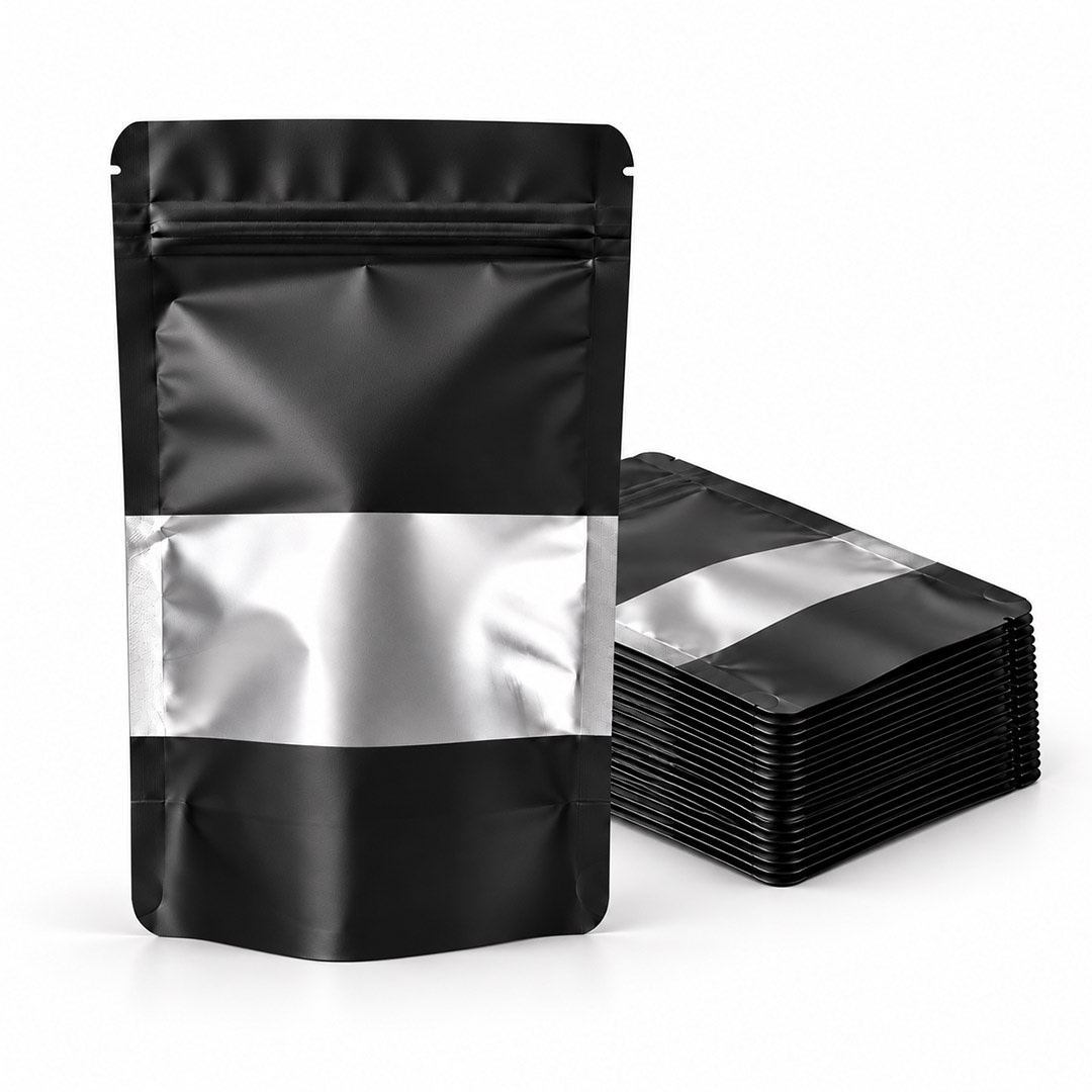 PACK 100 BOLSA DOYPACK ALUMINIO NEGRO CON VENTANA 15X22X41