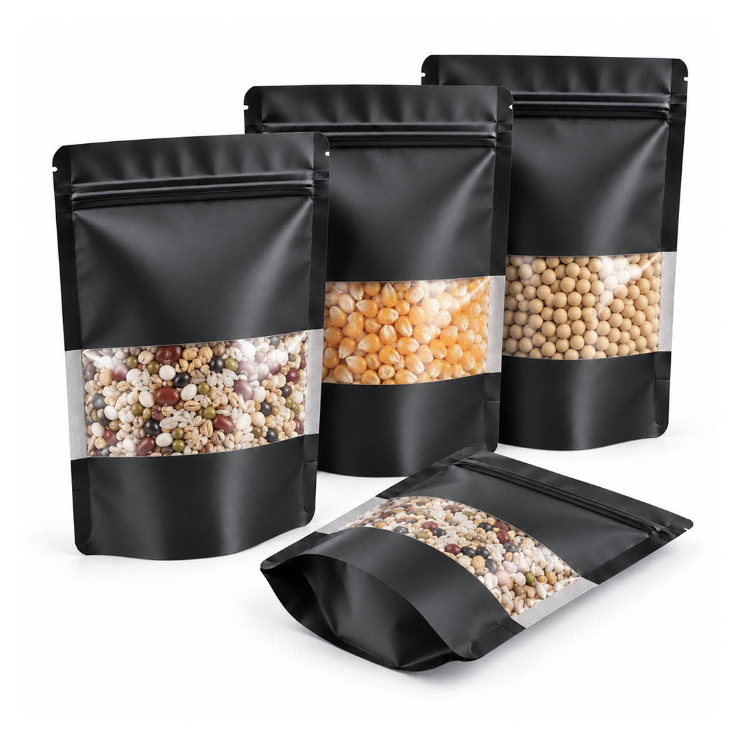 PACK 100 BOLSA DOYPACK ALUMINIO NEGRO CON VENTANA 15X22X43