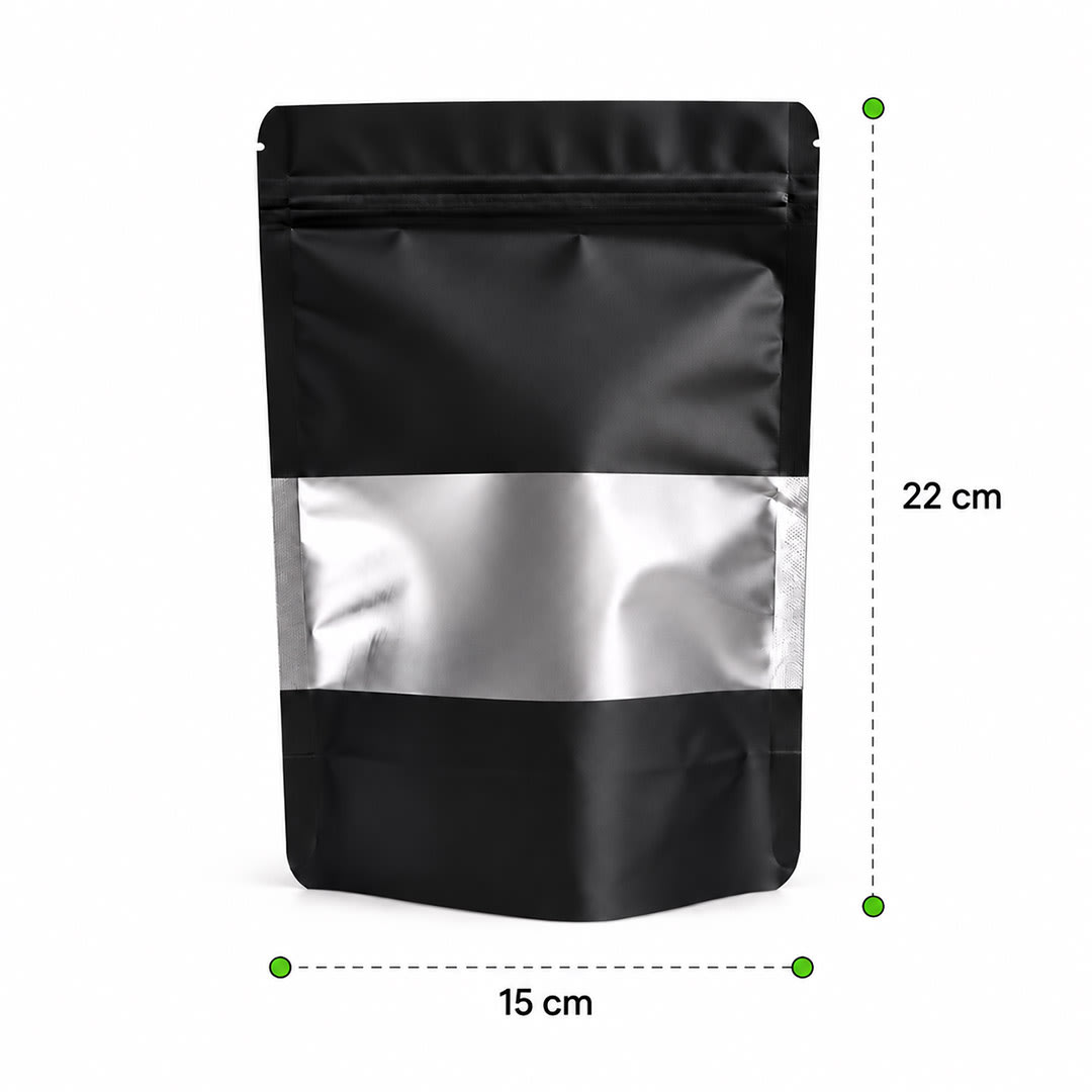 PACK 100 BOLSA DOYPACK ALUMINIO NEGRO CON VENTANA 15X22X42