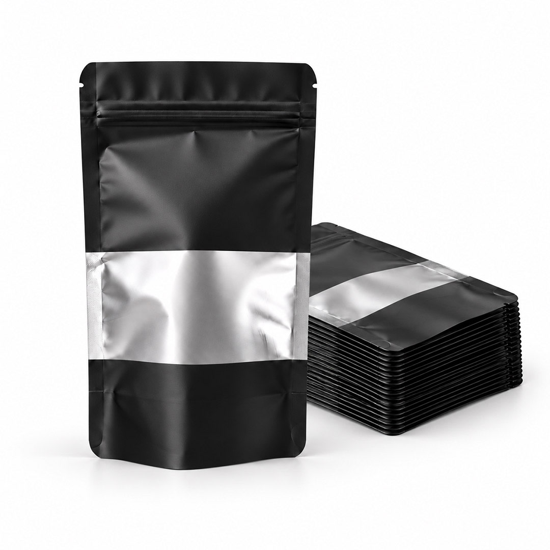 PACK 100 DOYPACK ALUMINIO NEGRO CON VENTANA 12X20X41