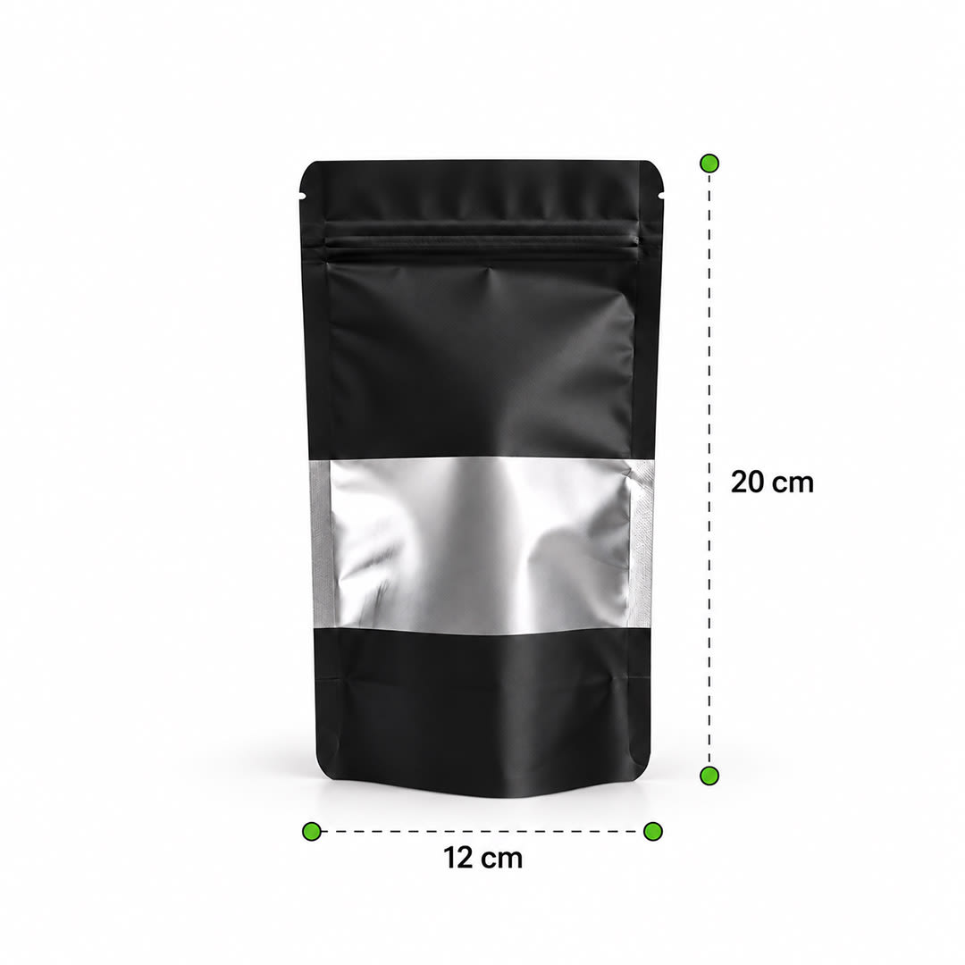 PACK 100 DOYPACK ALUMINIO NEGRO CON VENTANA 12X20X42