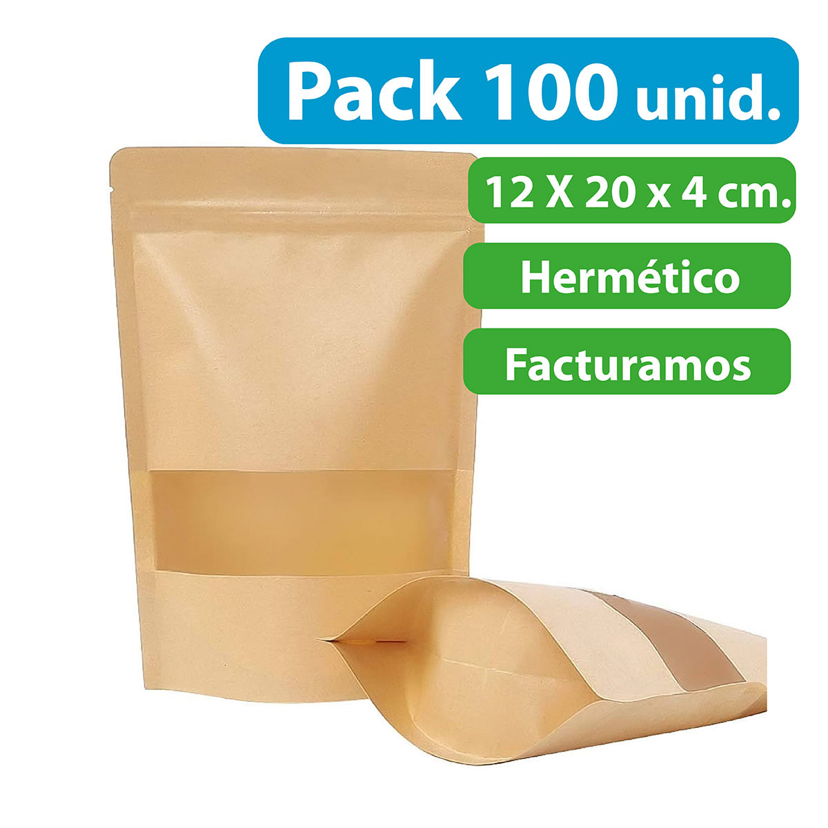 100 UNIDADES DOYPACK CON VENTANA TRANSPARENTE 12X20X4 CM2