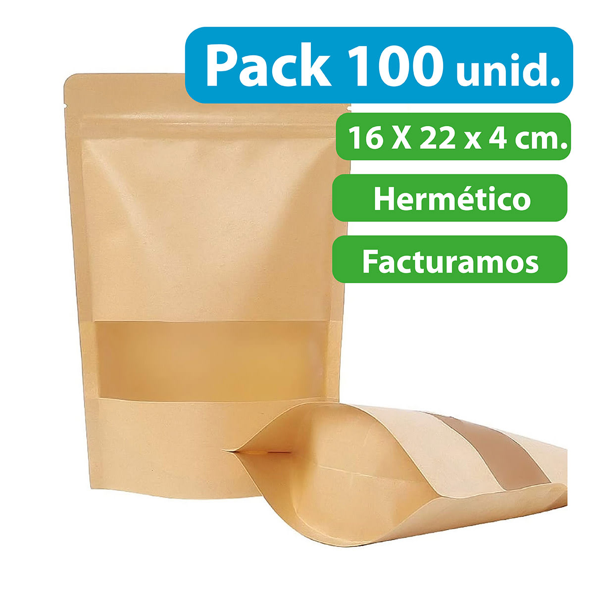 100 UNIDADES DOYPACK CON VENTANA TRANSPARENTE 16X22X4 CM2