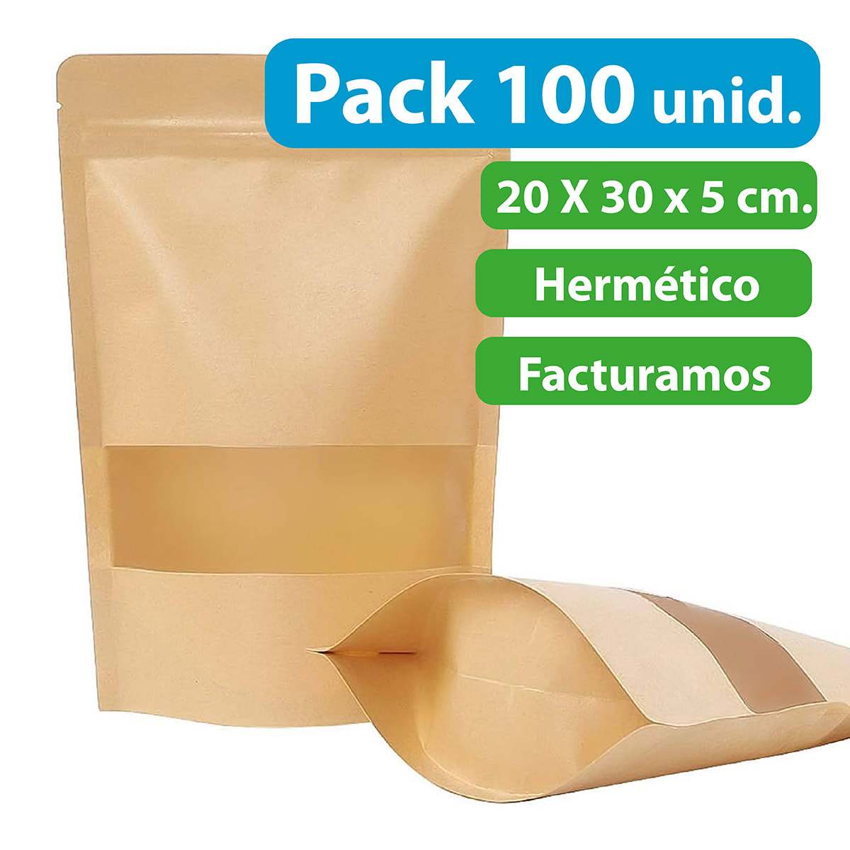 100 UNIDADES DOYPACK CON VENTANA TRANSPARENTE 20X30X5 CM2