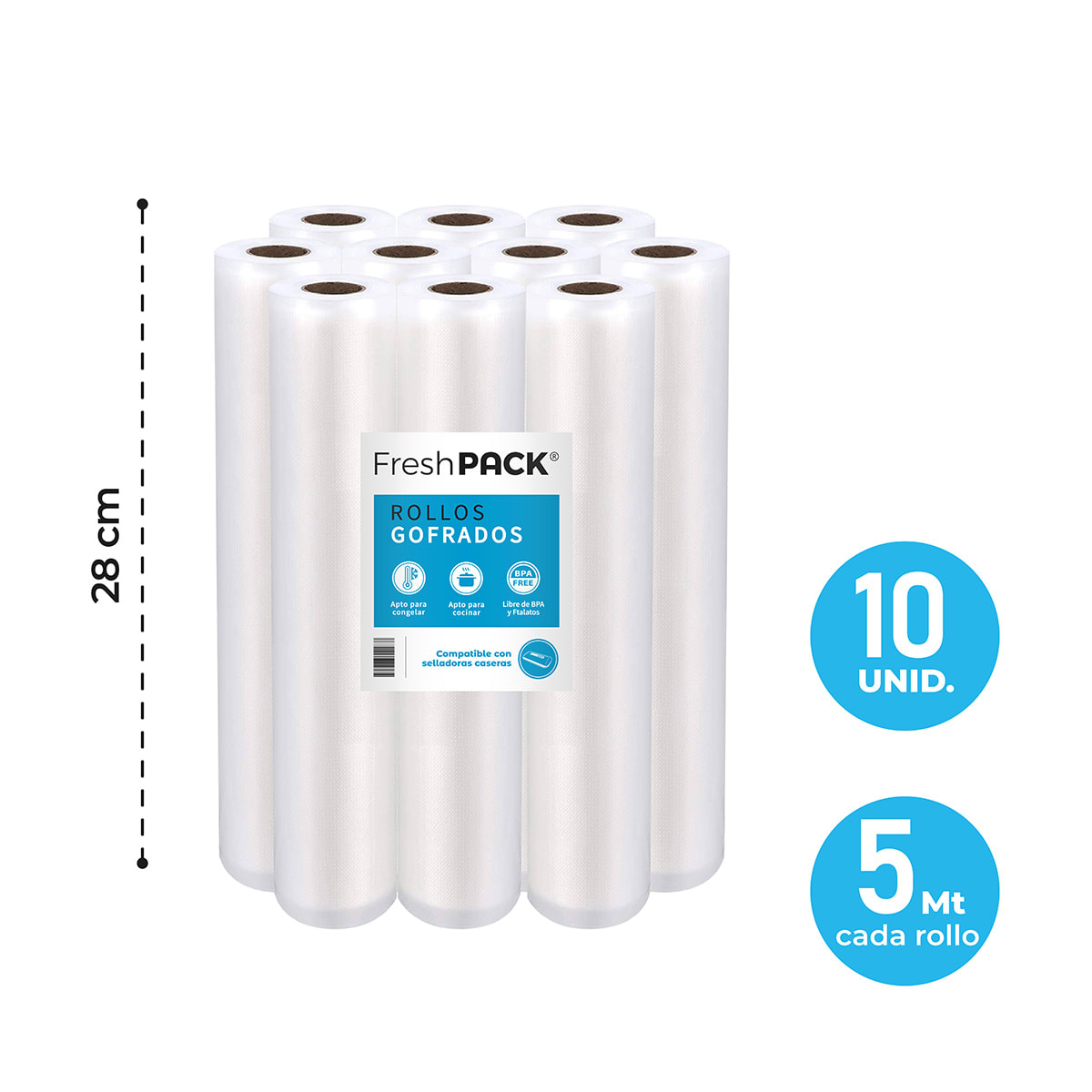 Pack 10 Rollos Bolsa Vacío 28cm X 5mt Freshpack1