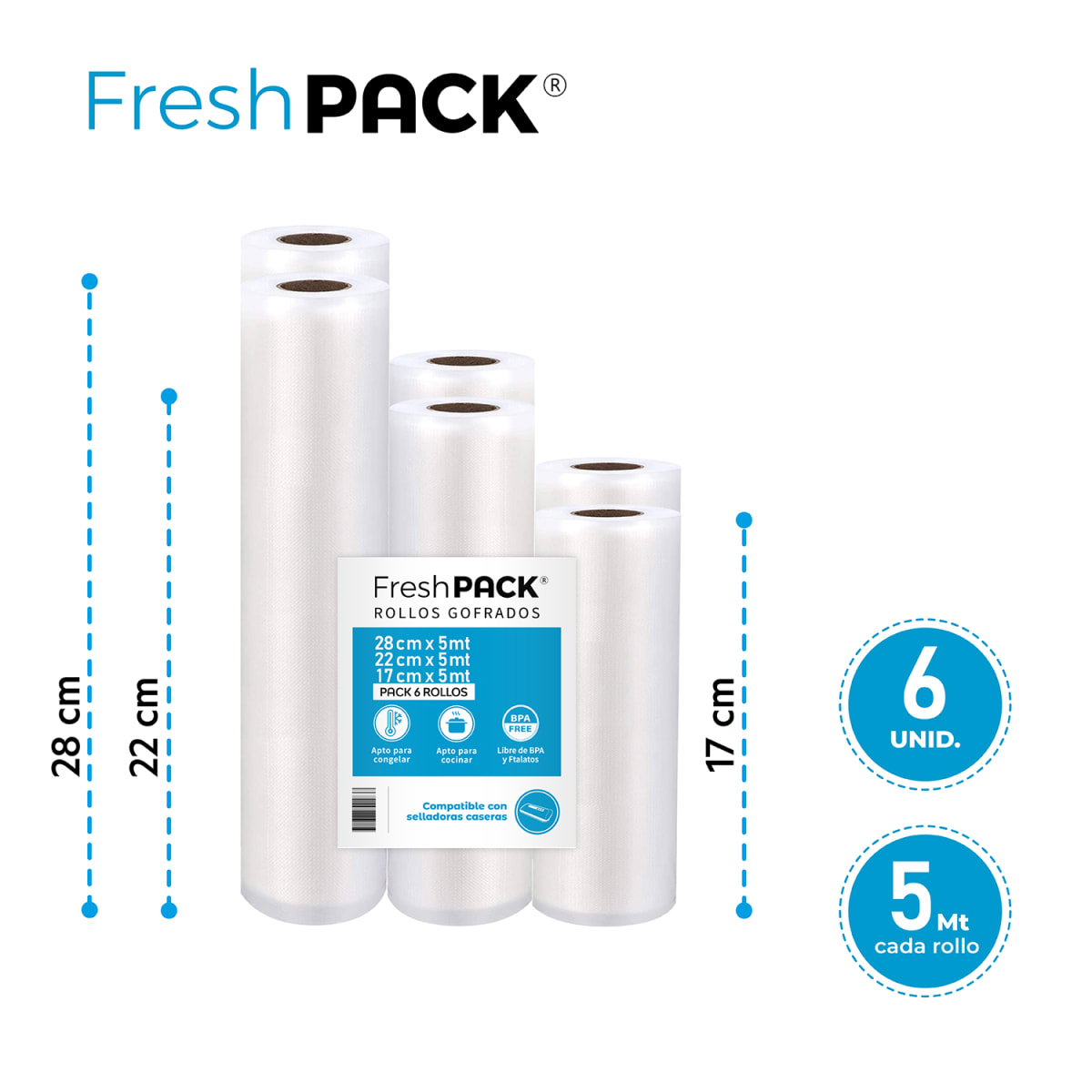 Pack 6 Rollos Bolsa Sellado al Vacío 2 De 17-22-28cm X 5mt2