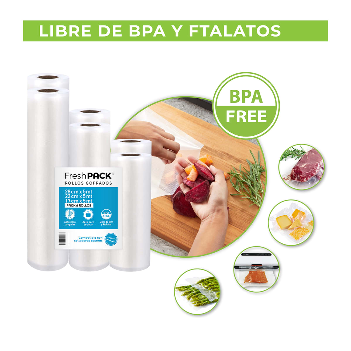 Pack 6 Rollos Bolsa Sellado al Vacío 2 De 17-22-28cm X 5mt4
