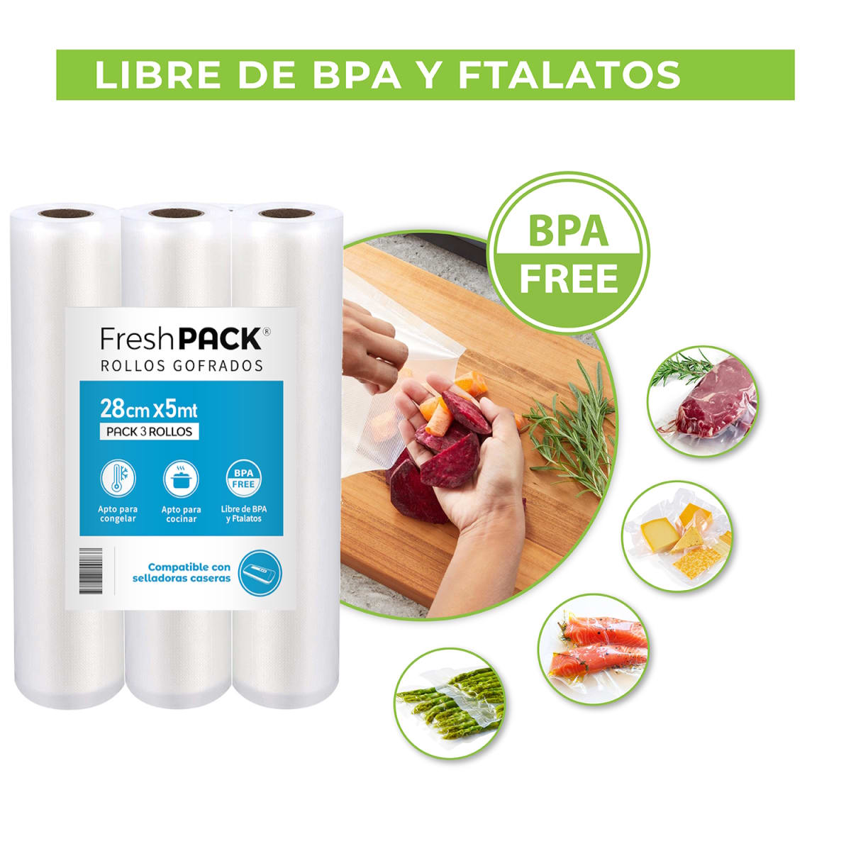 Pack 3 Rollos Bolsas Sellado Al Vacío 28cm X 5mt2