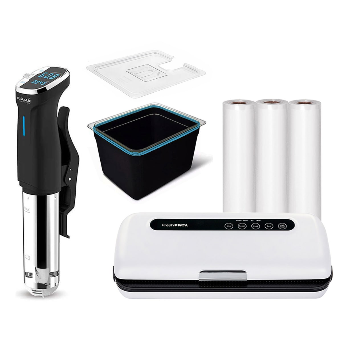 Pack Sous Vide Sv15, Contenedor 11lts Con Funda + Tapa, Selladora Sv100 + 3 Rollos 22x5m1