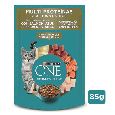 PURINA ONE SACHET GATO ADULTO & GATITOS SALMON-ATÚN-PESCADO BLANCO (85gr)1
