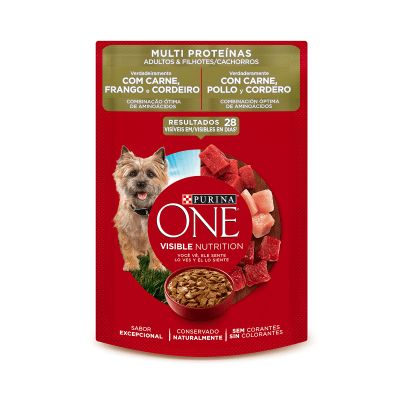 PURINA ONE SACHET PERRO ADULTO & CACHORRO CARNE, POLLO Y CORDERO (85g)1