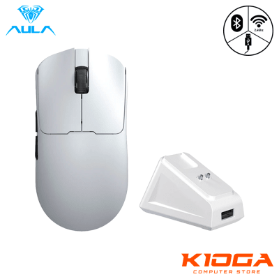 MOUSE WIRELESS AULA SC380 PRO WHITE + BASE DE CARGA, 12000 DPI, WIRED/BT/2.4G