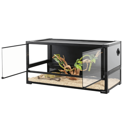TERRARIO DE VIDRIO TEMPLADO PARA REPTILES CON PANEL TRASERO DE PVC NEGRO (91CM X 45CM X 45CM)