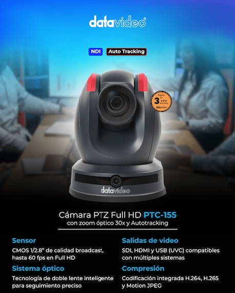 Datavideo PTC-155 SDI/HDMI/UVC/NDI Auto-tracking PTZ Camara 30x Optico Zoom5