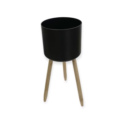 Macetero metálico negro patas madera negro grande1