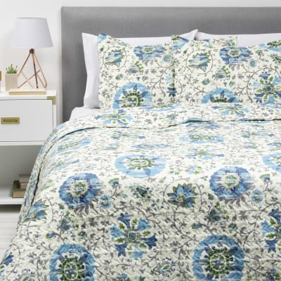 Cubrecama Estampado Flores Turquesas 2 P