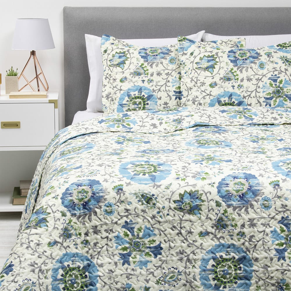 Cubrecama Estampado Flores Turquesas 2 P