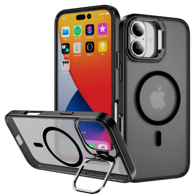 CARCASA MATE NEGRO CON SOPORTE METALICO EN CAMARA, MAGSAFE IPHONE 17