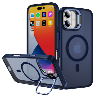 CARCASA MATE AZUL CON SOPORTE METALICO EN CAMARA, MAGSAFE IPHONE 17