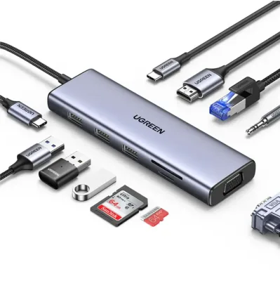 ADAPTADOR MULTIPUERTO 9 EN 1, USB-C / 1HDMI 4K60HZ + 1VGA 1080P + 3USB 3.0 + RJ45 GIGABIT + INUSB-C PD (CM498)