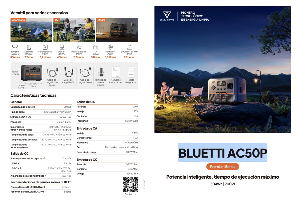 BLUETTI AC50P | Banco de batería recargable | 700W - 504Wh | CHILE4
