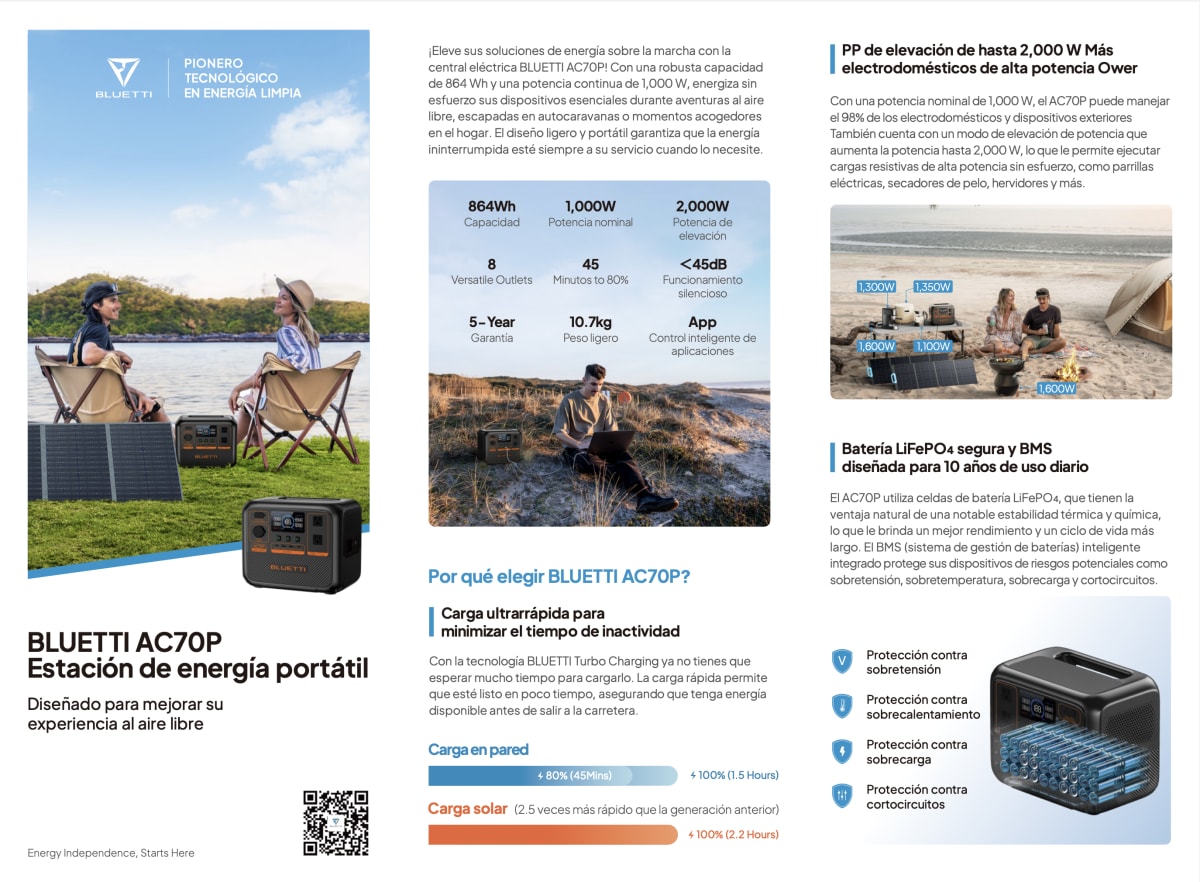 BLUETTI AC70P | Banco de batería recargable | 1000W - 864Wh | CHILE6