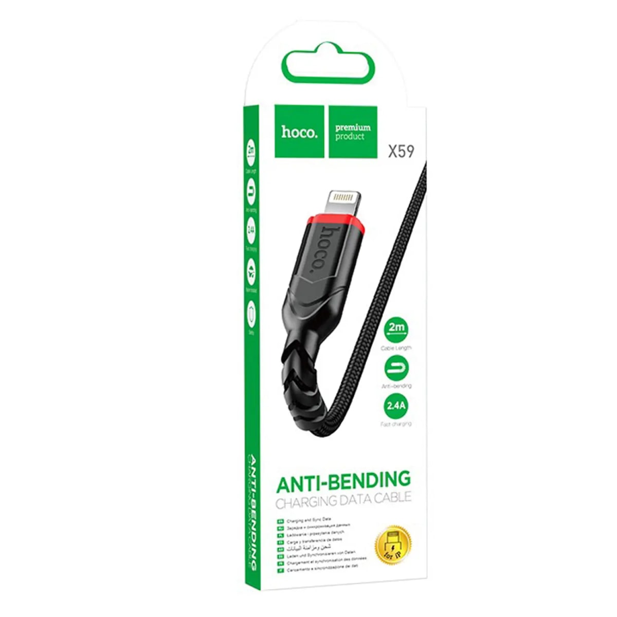 CABLE HOCO 1M USB-A A LIGHTNING NEGRO ENCORDONADO (X59)1