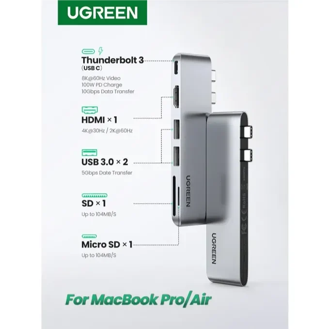 ADAPTADOR LATERAL DUAL USB-C / HDMI + 2USB-A 3.0 + (SD/MICROSD) + USBC MACBOOK PRO/AIR (CM380)1
