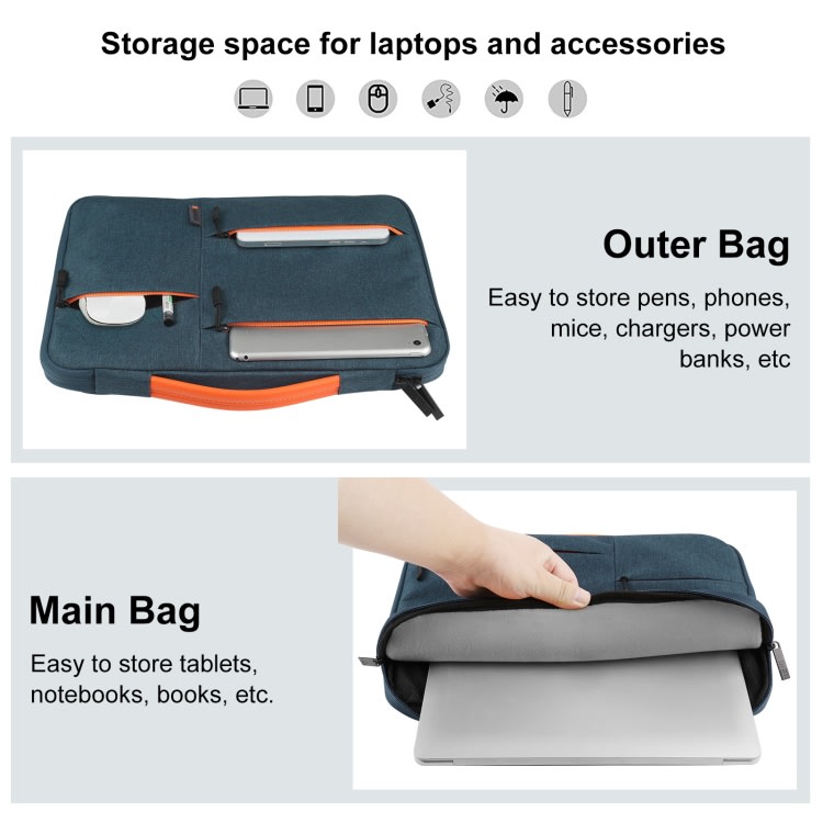 BOLSO PARA MACBOOK IMPERMEABLE CON BOLSILLOS AZUL MARINO 13.5