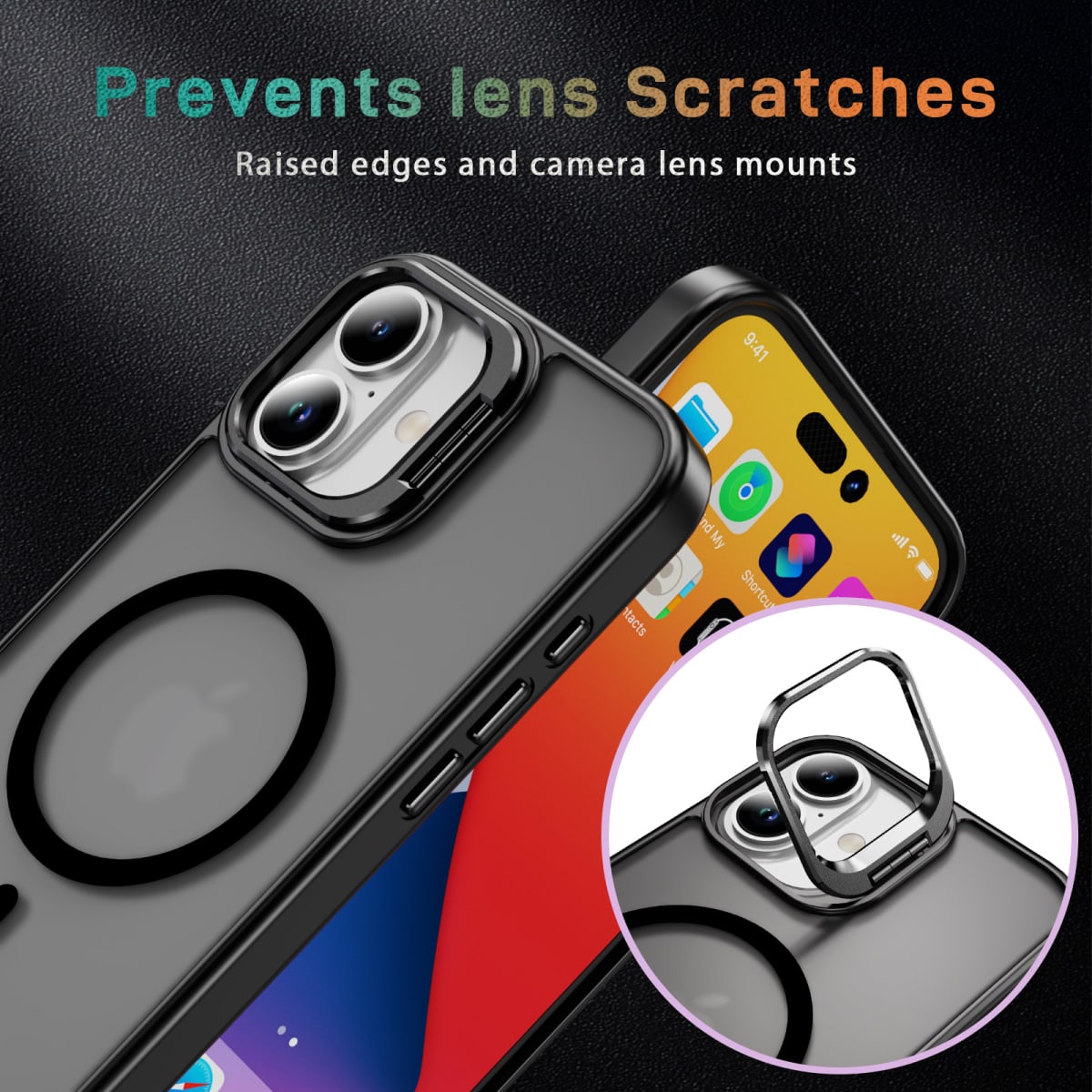 CARCASA MATE NEGRO CON SOPORTE METALICO EN CAMARA, MAGSAFE IPHONE 171