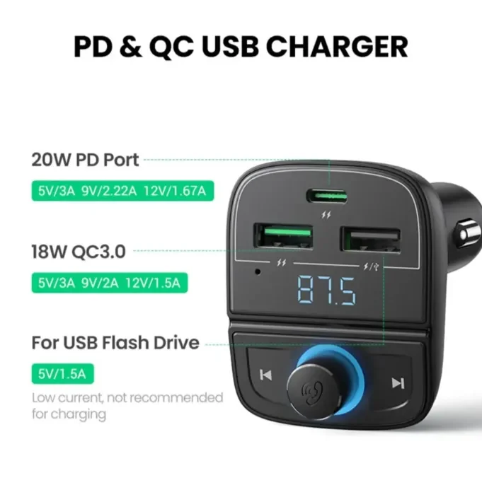 TRANSMISOR DE AUDIO FM BLUETOOTH 5.0 AUTOMOVIL 2USB-A/1USB-C 36A+SLOT MICROSD (CD229)1