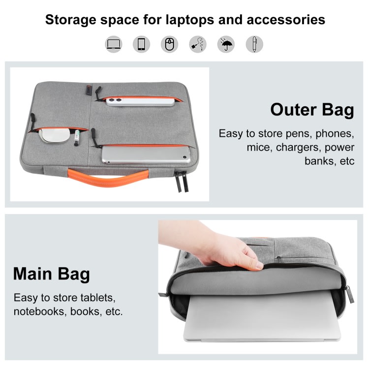 BOLSO PARA MACBOOK IMPERMEABLE CON BOLSILLOS GRIS CLARO 13.5
