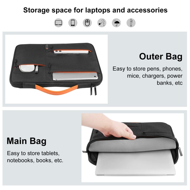 BOLSO PARA MACBOOK IMPERMEABLE CON BOLSILLOS NEGRO 15