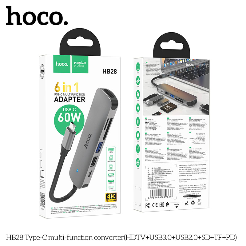 HUB USB-C  (HDMI+USB-A3.0+USB-A2.0+SD+TF+USB-C) HB285