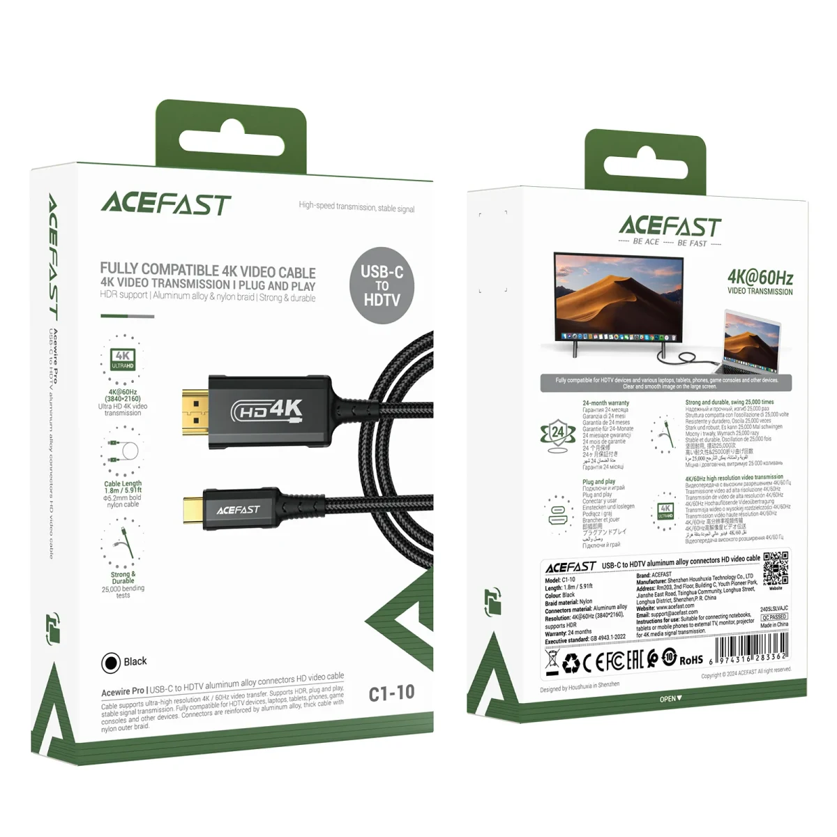 CABLE DE VIDEO HD CON CONEXIÓN USB C A HDMI 4K (1.8M) C1-105