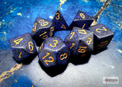 Polyhedral 7-Die Set Speckled Golden Cobalt