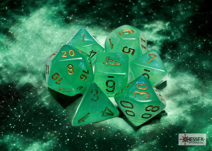 Set 7 Dados Borealis Light Green/Gold1
