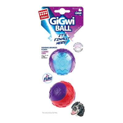 GiGwi 2 Pelotas Squeaker rojo/morado y morado/azul transparente Talla M