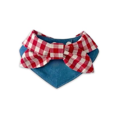 Bandana de blue jean con lazo rojo con blanco para mascota