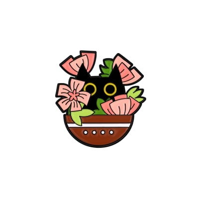 Pin esmaltado diseño de gatito negro entre flores rosadas