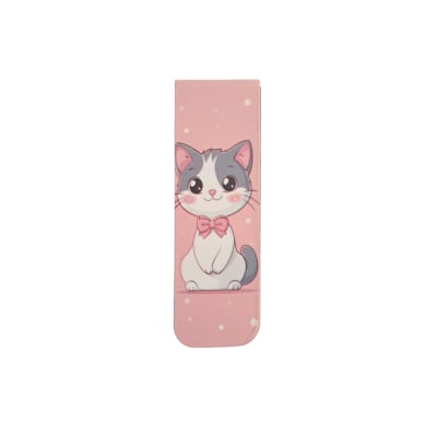 Marcador de libro magnético con diseño de gatito gris con blanco en fondo rosado