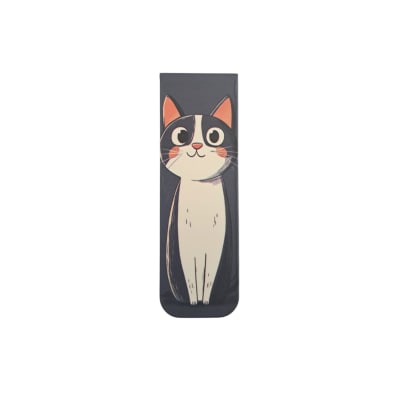 Marcador de libro magnético con diseño de gatito gris con blanco en fondo gris oscuro
