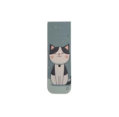 Marcador de libro magnético con diseño de gatito gris con blanco en fondo verde