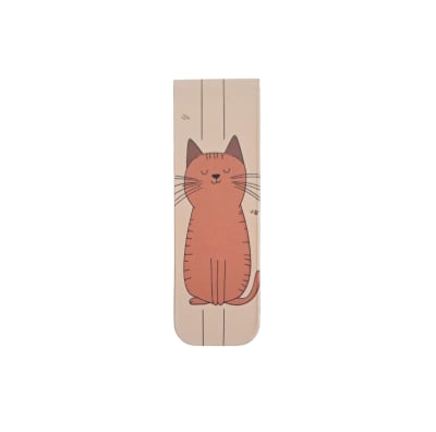 Marcador de libro magnético con diseño de gatito naranjo en fondo crema